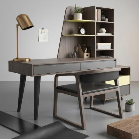 Sophisticated Walnut Study Desk Featuring Integrated Architectural Shelving Dual Drawers And Matte Finishes