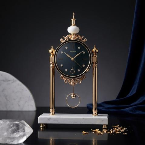 DESIGNER ARMENS TABLE CLOCK WITH BLUE FACE AND WHITE GRANITE BASE 6958A-1