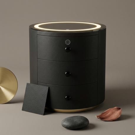 Modern Intelligent Round Bedside Table With Tempered Glass & Gray Finish K30