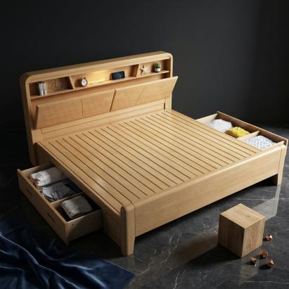 BK-B1.5 Light Wood Bed Frame Side Drawers / 1500cm x 2000cm