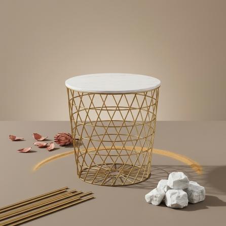 Iron Art Small Round Table Sofa Side Table Z-007W :  White & Gold Floral