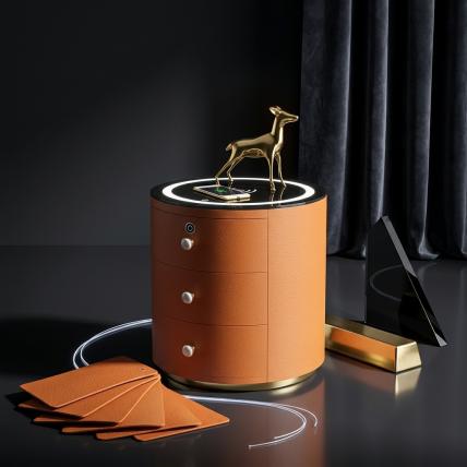 Modern Intelligent Round Bedside Table With Tempered Glass & Orange Finish K30
